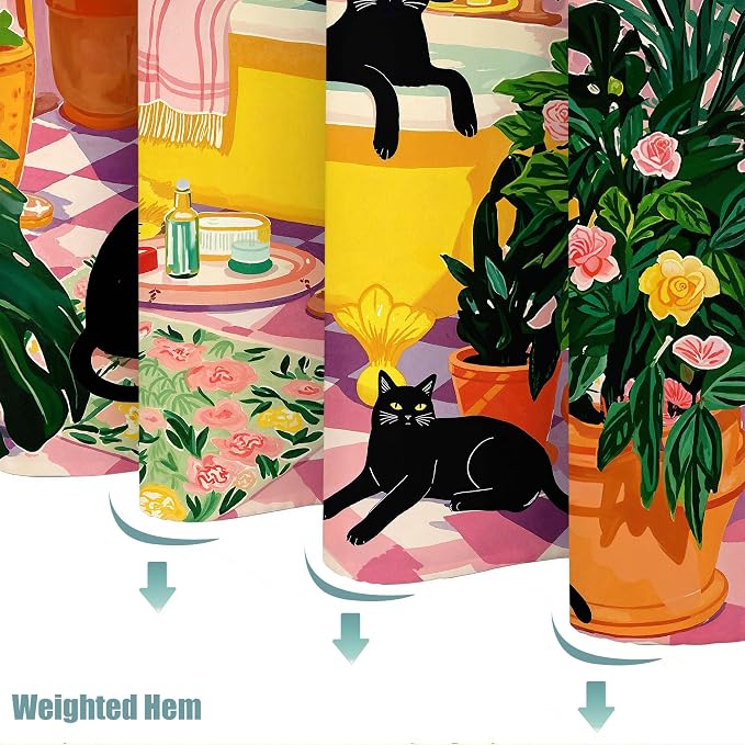 Accnicc Boho Cat Shower Curtain for Bathroom 72 X 78 Inches | Cute Funny Black Cats Matisse Long Shower Curtains, Tropical Plant Bathroom Decor, Water-Resistant Washable Polyester Fabric