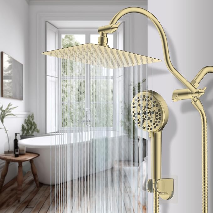 Hibbent All Metal CUPC Certified Shower Head, 10'' High Pressure Rainfall Shower Head, Handheld Showerhead Combo, 12'' Adjustable Extension Arm, 10 Sprays, 71'' Hose, Shower Holder, Brushed Gold