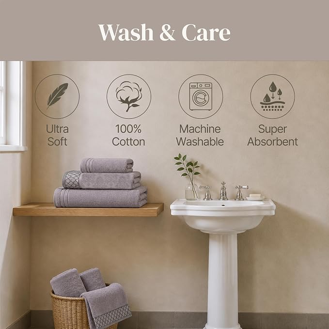Modern Threads 6 Piece Cotton Bath Towel Set – Ultra Soft 550 GSM Towels – Bathroom Set with Hand Towels and Washcloths – Diamond Border (Silver Cloud)