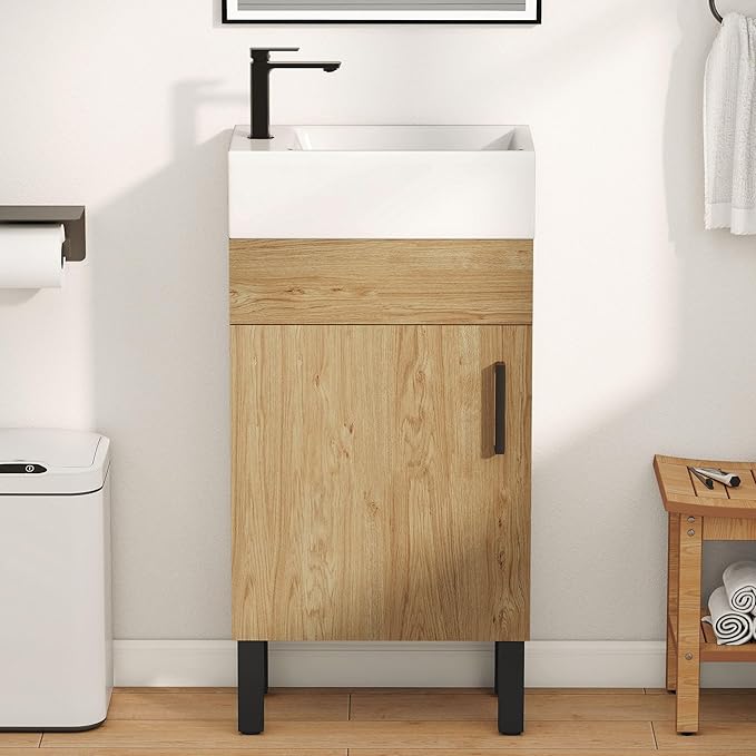 DWVO 16 Inch Bathroom Vanity Sink for Small Space, Freestanding Bathroom Cabinet with Undermount Ceramic Sink, Modern Bathroom Storge Vanity Soft-Close Doors, Natural Brown