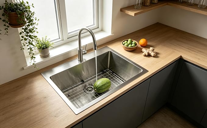 25 x 22 Inch Drop In Kitchen Sink, Topmount Stainless Steel Brushed Nickel Single Bowl Kitchen Sink, Extra-thick 16 Gauge For RV Laundry Utility with Dish Grid and Basket Strainer