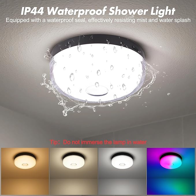 4-Pack Waterproof Shower Lights for Inside Shower, Rechargeable Shower Lamp | 15 RGBW Color Mood Lighting with Remote Dimmable&Timer, LED Wireless Magnetic Ceiling/Wall Light for Bathroom Bathtub Closet
