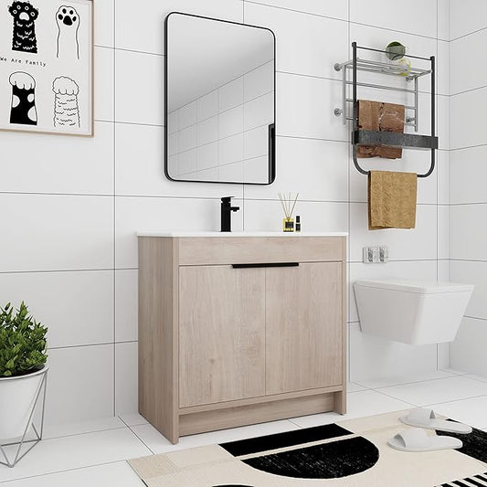 36'' Freestanding Bathroom Vanity, 36 Inch Floor Stand Bathroom Vanity with Sink, Single Ceramic Sink Cabinet Set, Modern Storage Cabinet, with Soft Closing Door, 02436PLO+9090B