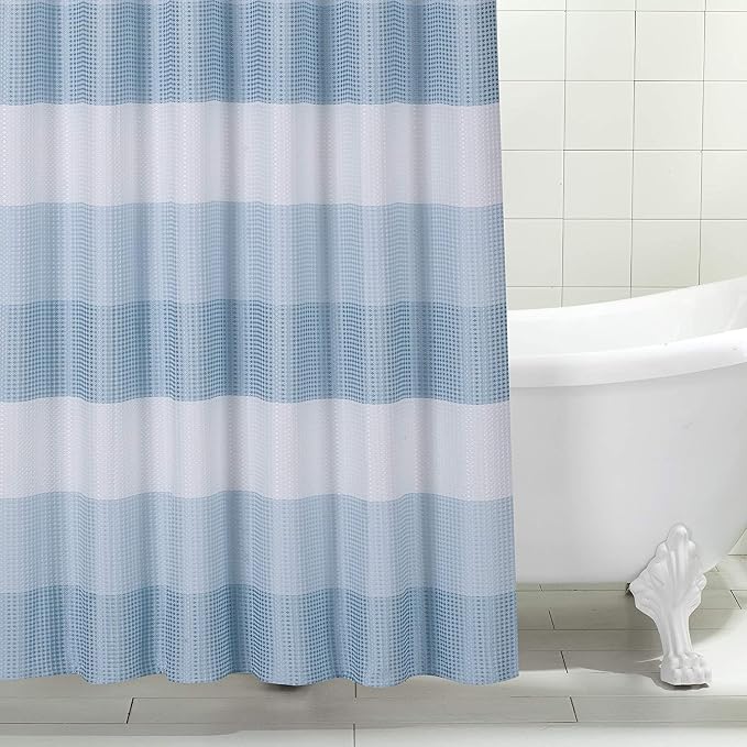 Dainty Home Waffle Weave Waterproof Shower Curtains for Bathroom, Blue 70 icnhes, Extra Long Shower Curtain, Waterproof Fabric 12 Roller Ball Hooks
