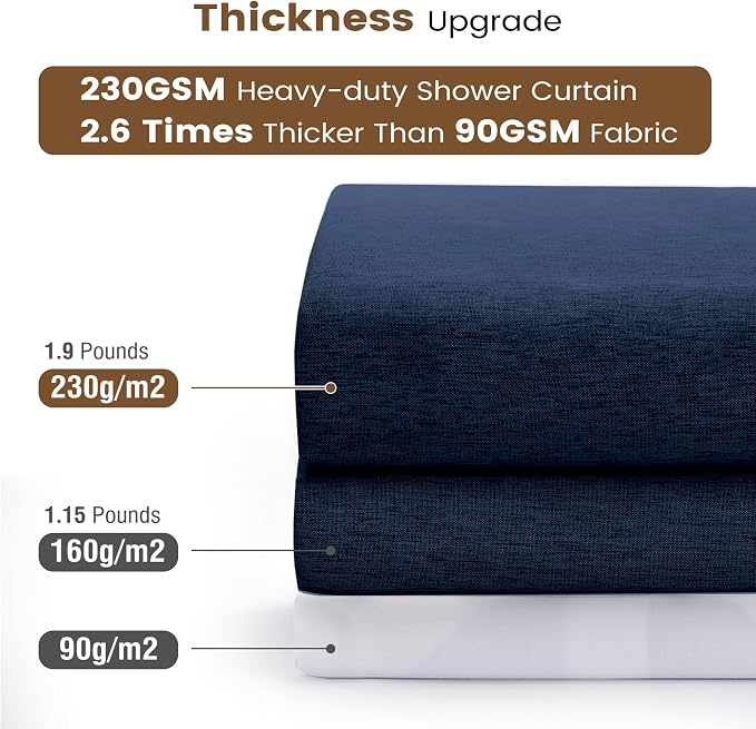 BTTN 72x78 Long 3 in 1 Linen Texture Shower Curtain with Liner, Navy Blue | Tall Size, 230GSM Heavy Duty Polyester, Waterproof Clear Liner, Weighted Hem, 12 Plastic Hooks, Hotel Style, Machine Washable