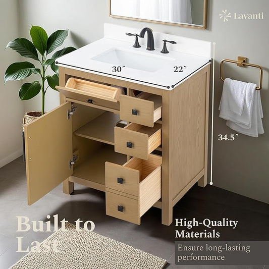 Lavanti Oakford 30 Inch Bathroom Vanity with Sink – Stylish Firwood Oak Vanity Bathroom with Storage Cabinet – Modern Bathroom Vanities with Single Vanity Sink & Quartz Countertop