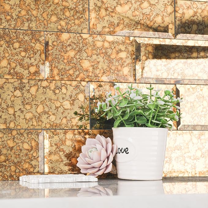 Peel and Stick Beveled Gold Antique Mirror Tile Subway Mirror Glass Backsplash 3x6 Inch for Kitchen Bathroom Wall (40 Pcs, 5 SQ.FT.)