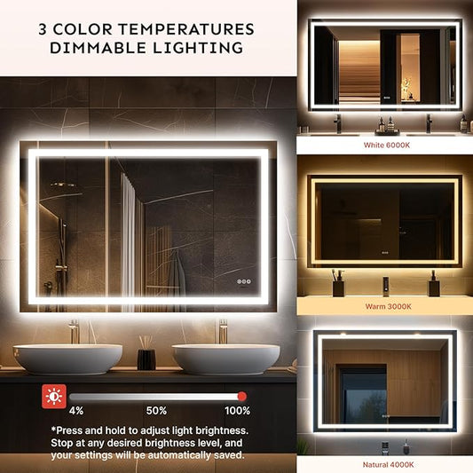 32x40'' LED Bathroom Mirror with Light, Frameless, Dimmable Front & Backlit, Anti-Fog, Distortion Free, Light Memory, Tempered and Shatter-Proof Wall Mounted Vanity Silver Coating Mirror