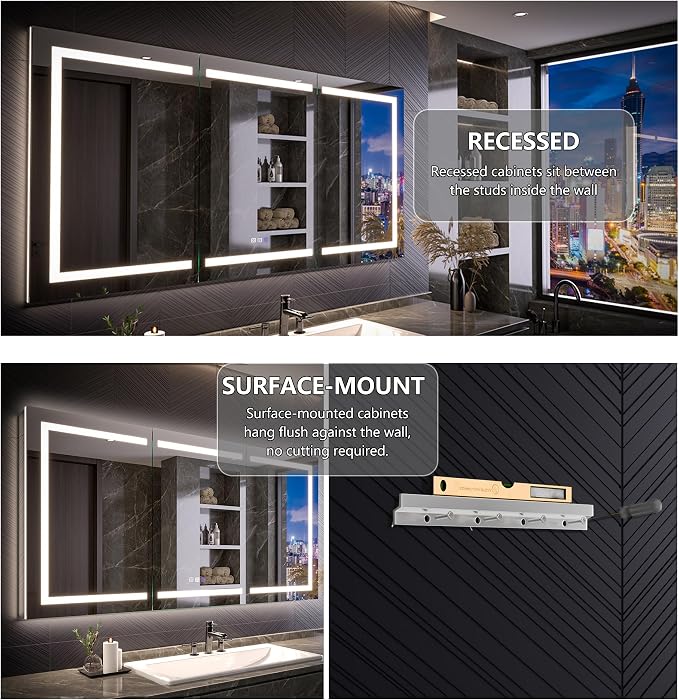 Recessed Medicine Cabinet with Lights, 72x36 Lighted Medicine Cabinet with Mirror, 5XMagnifier, GFCI Outlet, Soft-closed, Front&Backlit, Anti-Fog, Dimmable&Tunable, Sensor Lights, Adjustable Shelves
