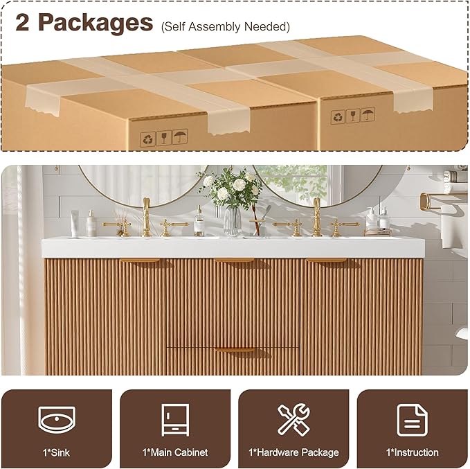 Merax 48" Bathroom Vanities Cabinet with Double Sinks Combo, Modern Floating Bathroom Vanity with Resin Countertop, Soft-Close System and Divided Drawers, Nature Wood