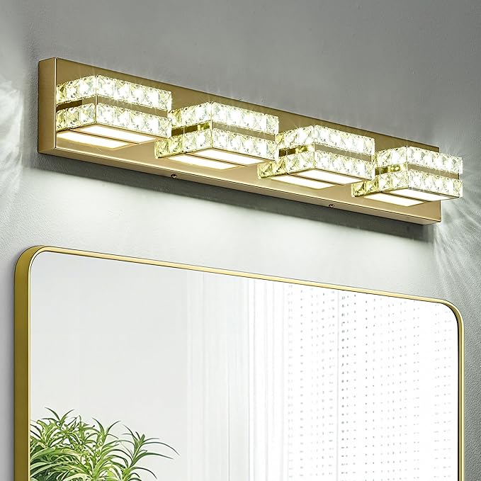 Crystal Vanity Lights LED Bathroom Vanity Light Fixture Over Mirror Modern Indoor Gold Lamp, 6000K Cold White Dimmable, 4-Lights, 24W, ETL Listed