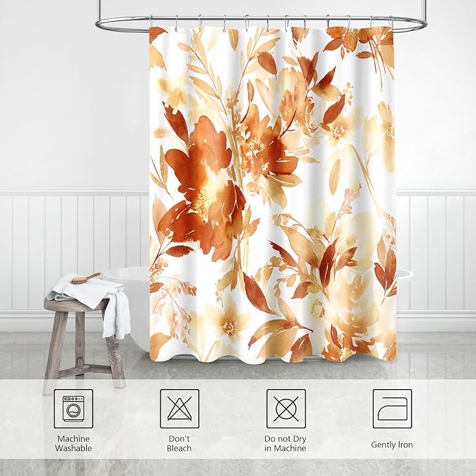 Extra Long Shower Curtain 72 x 84 Inch, Tall Orange Fall Floral Decor | Burnt Orange Fall Watercolor Floral Modern Abstract Flower Bathroom Fabric Shower Curtain Set with Hooks