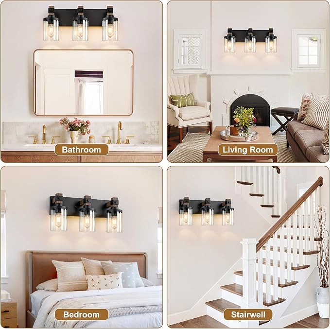 Farmhouse Bathroom Vanity Light Fixture, 3 Light Black Wood Over Mirror | Matte Black Metal & Wood with Clear Glass Shade, 3 Ligh Vanity Light Fixture Over Mirror for Farmhouse Industrial Bathroom