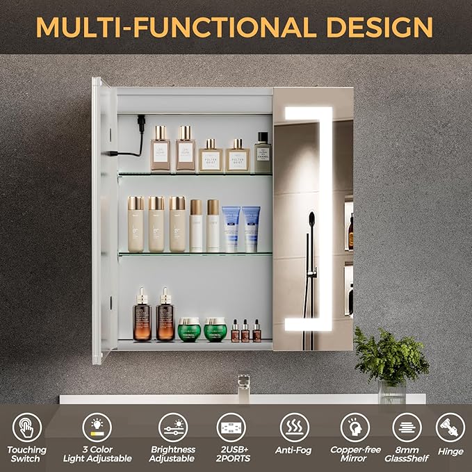 30 * 26 Bathroom Lighted Medicine Cabinet, Professional Makeup Medicine Cabinet Mirror, Large Storage LED Mirror with USBs, Stepless Dimming & Anti-Fog, 3-Color Light