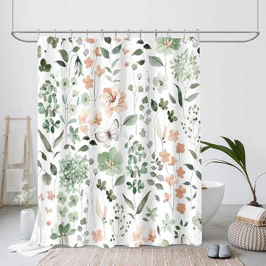 Cute Floral Shower Curtain, Sage Green Flower Fabric Shower Curtains for Bathroom, Spring Summer Wildflower Butterfly Cloth Shower Curtain Set with Hooks, 72x72