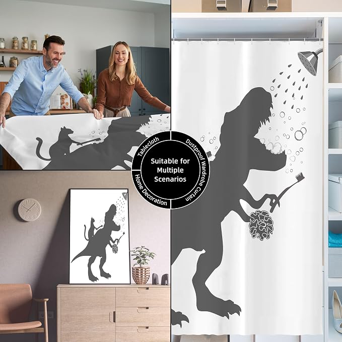 Funny Dino Dinosaur Cat Kids Boy Fun Shower Curtain for Bathroom 72W*72H Inch Trex Raptor Silhouette Bathing Cartoon Animal Shadow Bathtub Decor Teen Cute Waterproof Polyester Fabric Set with 12 Hooks