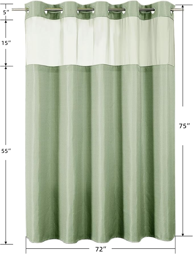 Colorful Star Sage Green No Hook Waffle Shower Curtain Set, 72 x 75 Inch | Waterproof Shower Curtain with Snap in Fabric Liner and Mesh Top Window, Hotel Style Heavy Duty Thick Bathroom Curtain