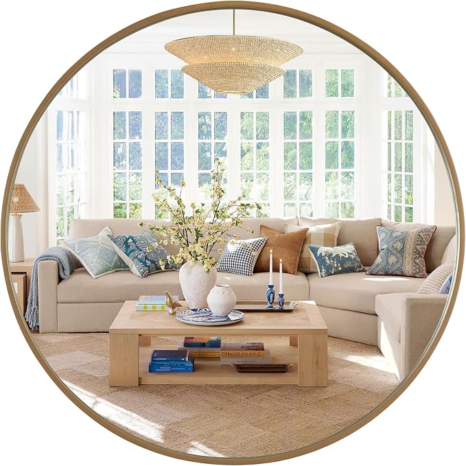 Round Wood Mirror, 40" Round Modern Decoration Large Circle Wall Mirror for Bathroom Living Room Bedroom Entryway, Honey