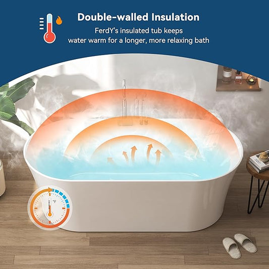 FerdY Santorini 67" Acrylic Freestanding Tub, Gracefully Shaped Contemporary Soaking Tub, Glossy White, cUPC Certified, Matte Black Toe-tap Drain and Overflow