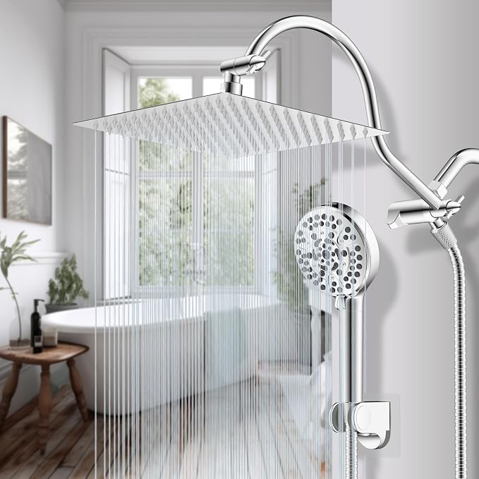 Hibbent 12'' All Metal CUPC Certified Shower Head, High Pressure Rainfall Shower Head, Handheld Showerhead Combo, 12'' Adjustable Shower Extension Arm, 10-Spray, 71'' Hose, Showerhead Holder, Chrome
