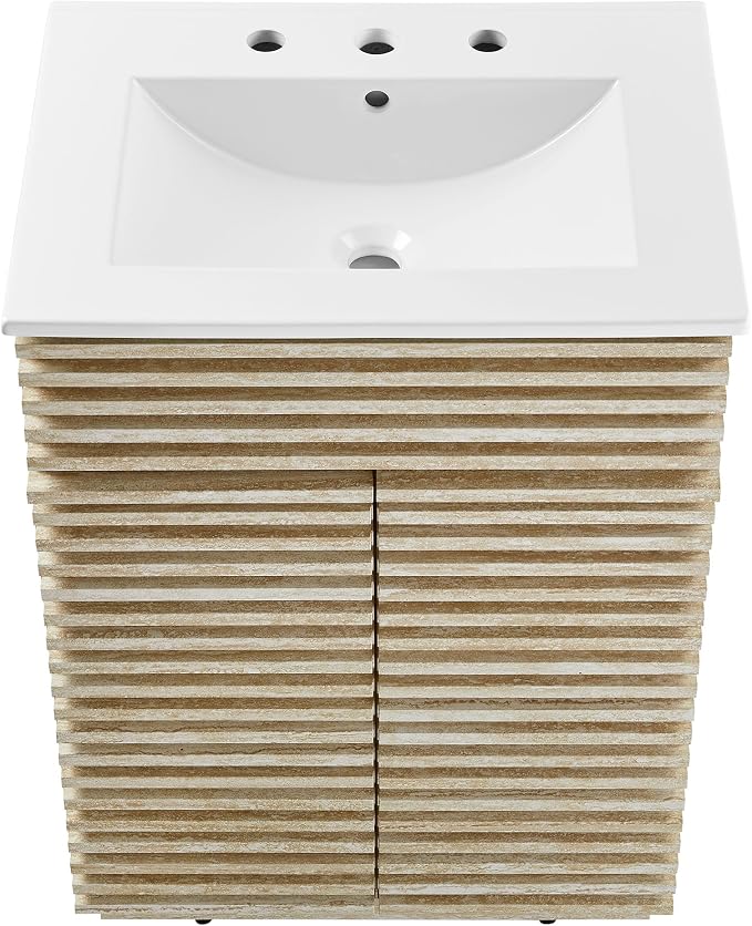 Modway Render Faux Travertine Slatted 24 Inch Bathroom Vanity in White with Sink Combo - Mid-Century Modern Single Sink Bathroom Vanity - Vanity Cabinet with Soft-Close Doors