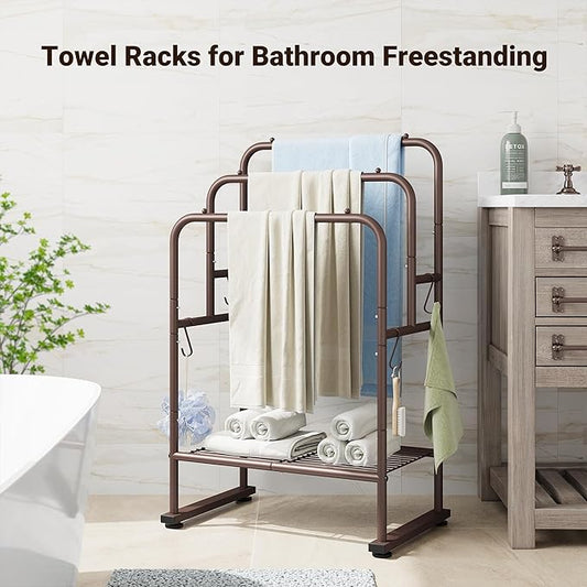 ELYKEN 40'' Tall Standing Towel Racks, 3 Tier Towel Drying Rack Outdoor, Pool Towel Stand Blanket Holder with Shelf & 4 Removable Hooks, Metal Freestanding Towel Racks for Bathroom, Smooth Silver