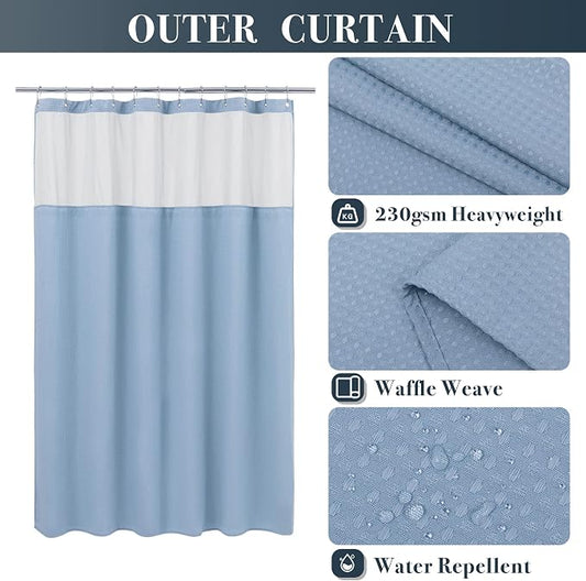 N&Y HOME Extra Long Waffle Shower Curtain with Snap-in Liner Blue, 71x84 | 12 Hooks & Snap on Fabric Liner, Washable, Mesh Window, Hotel Style, 84 inches Length Blue Shower Curtain Set for Bathroom