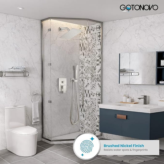 gotonovo Shower Faucet Set with Handheld Spray Brushed Nickel,8'' Head | SUS304 Rainfall Shower Head and Handle Set System Fixture,Pressure Balance Valve Trim Kit,Single Handle,Wall Mount,All Metal