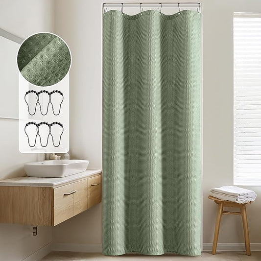 MIULEE Stall Waffle Weave Fabric Stand Up Shower Bath Curtain with 6 Metal Hooks Small Heavy Duty Washable Waterproof Narrow Thick Cloth Half Shower Curtains Set for Bathroom Hotel,W36*L72,Sage Green