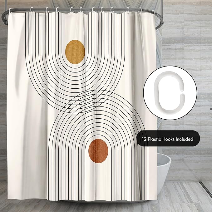 Americanflat 71x74 Boho Shower Curtain - Water-Resistant Long Shower Curtain with Durable Metal Grommets and 12 Hooks - 100% Polyester - Black, Mustard Yellow, Terracotta and Beige