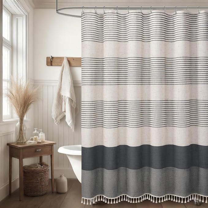 Dark Grey Boho Linen Striped Shower Curtain with Tassel 72"W X 72"L | Boho Farmhouse Shower Curtains with Linen Texture for Bathroom Decor