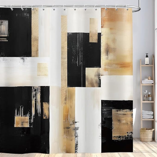 Black and Gold Abstract Shower Curtain, Boho Modern Art Aesthetic Oil Painting Shower Curtain Set, Brown Beige Neutral Artistic Fabric Shower Curtains for Bathroom with 12PCS Hooks 72X72IN