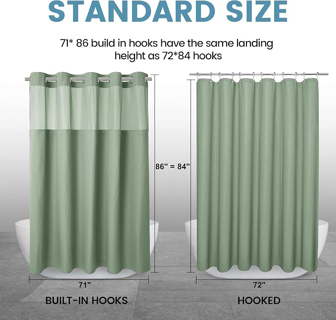 EUTXL Heavyweight No Hook Shower Curtain with Liner, Sage Green,71x86 | Snap in Liner, 256GSM Thick Waffle Fabric, Hotel Luxury Spa, Corner Magnets, Quick Dry, Waterproof & Washable, Extra Long