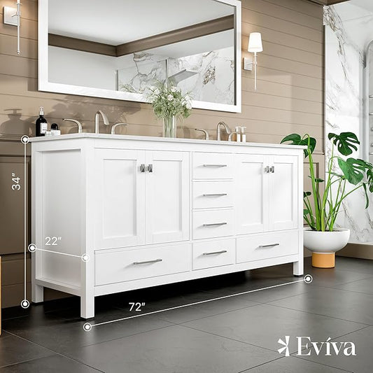 Eviva Aberdeen 72 in. White Double Sink Bath Vanity with Carrara Quartz Top and Undermount Porcelain Sinks