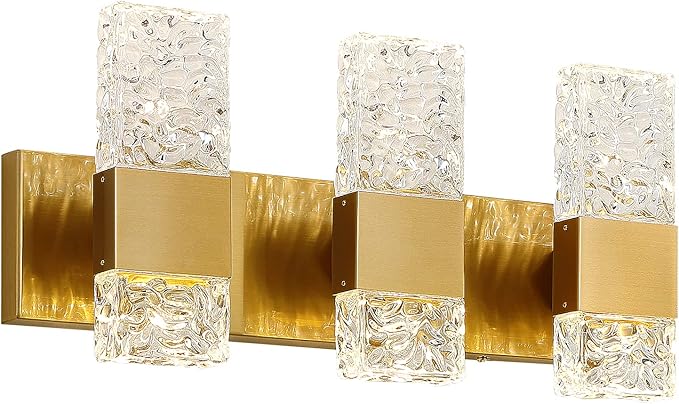 Epinl Gold Bathroom Vanity Light Fixtures Bathroom Light Fixtures Over Mirror 3-Light 4000K LED Crystal Wall Sconces Modern 30W Brushed Hardwired Wall Lights for Bathroom Bedroom Living Room