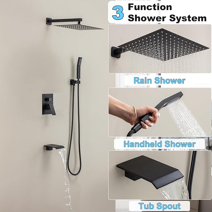 Shower System with 12-Inch Rain Head and Tub Spout | All-Metal Tub Shower Faucet Set, Wall Mounted Rain Showerhead, Handheld Spray, Includes Valve and Trim Kit, Matte Black