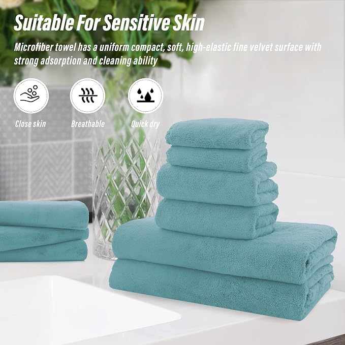 MOONQUEEN Ultra Soft Towel Set-Quick Drying - 2 Bath Towels 2 Hand Towels 2 Washcloths-Microfiber Coral Velvet Highly Absorbent Towel for Bath Fitness,Bathroom,Sports,Yoga, Travel(Teal, 6 Pcs)