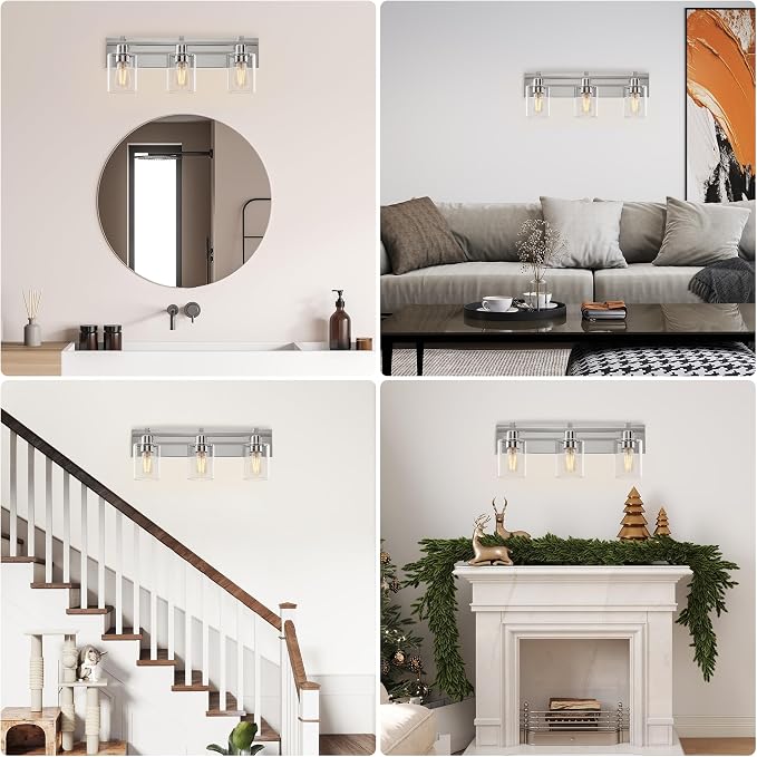 3-Light 21inch Brushed Nickel Vanity Light, Thickened Clear Glass | Over Mirror for Bathroom, Rust Resistant, E26 Base, Easy Install, Removable Glass Shade Horizontal Mount, Dimmable
