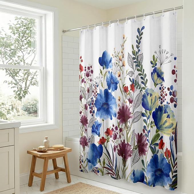 Americanflat 71x74 Floral Shower Curtain - Water-Resistant Long Shower Curtain with Metal Grommets and 12 Hooks - 100% Polyester - Botanical Bathroom Curtains - Blue, Purple, Crimson, Green and White