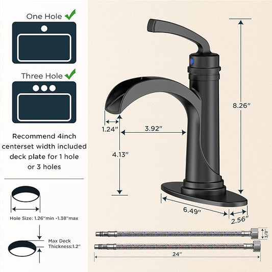 Forious Black Bathroom Sink Faucet Single Handle One Hole Antique Waterfall Bathroom Faucet with Metal Pop Up Drain and Deck Plate for Lavatory Vanity Farmhouse RV