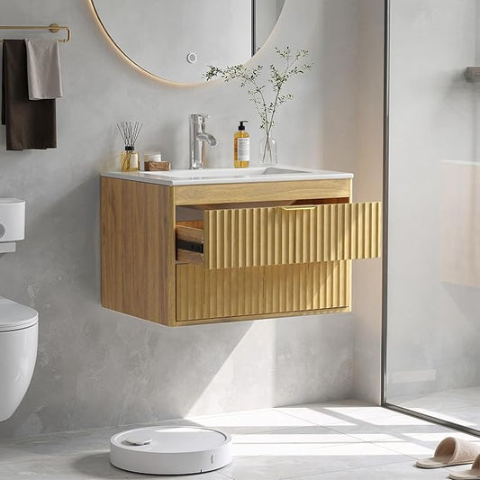 24 Inch Floating Bathroom Vanity Without Sink, Bathroom Wall Cabinet with 2 Fluted Drawers & Metal Handle, Wall Mounted Cabinet for Bathrooms (Natual Yellow, 24 inch, Without Sink)