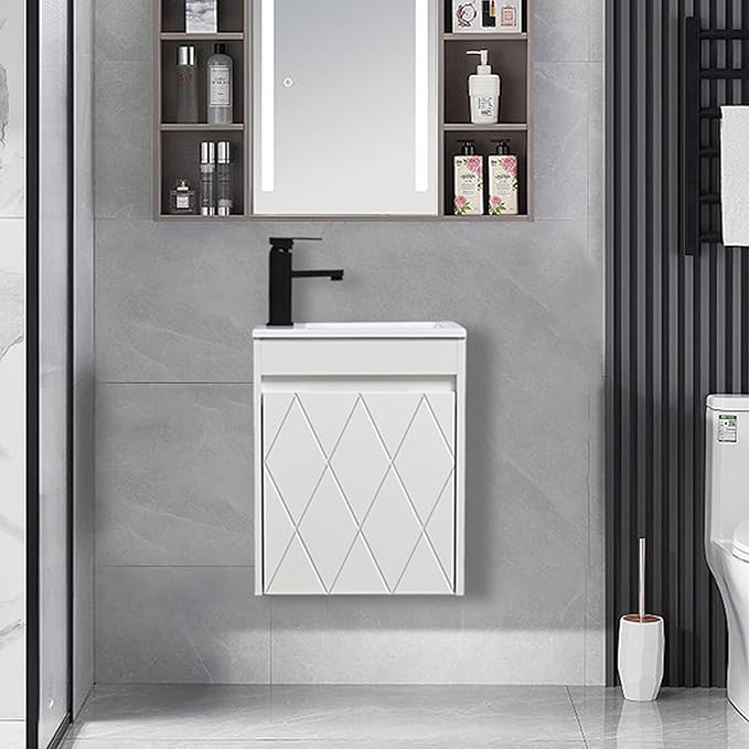 16" Bathroom Vanity Sink Combo for Small Space, Wall Mounted Bathroom Cabinet Set with White Resin Basin Sink Top Black Faucet Pop Up Drain White