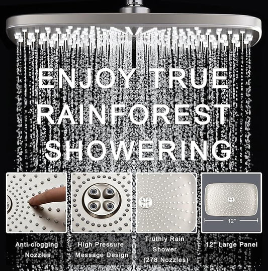 12" High Pressue Rain Shower Head with Handheld, 9 Sprays Hand Showerhead | Shower Heads with Handheld Spray Combo, Dual Head, Built-in Magnetic Docking, Power Jets, 59" Shower Hose, Nickel 1.75GPM
