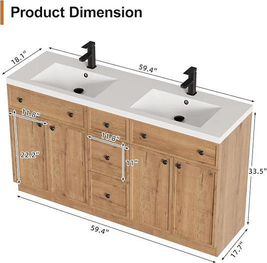 LUCKWIND 60" Bathroom Vanity Sink Combo, Modern Bathroom Cabinet with Double Undermount Solid Surface Vanity Sink, Soft-Close Hinges & Water-Saving Faucet, Natural