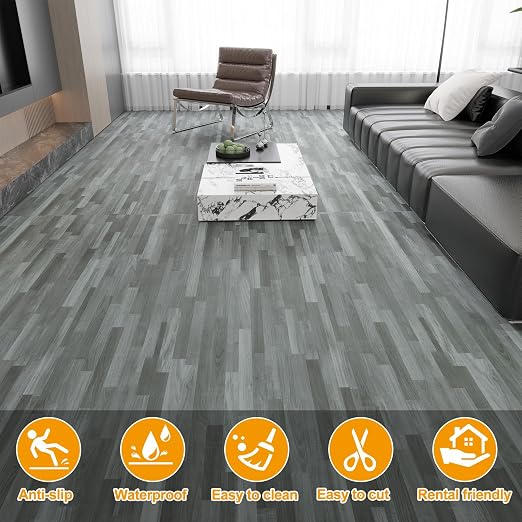 Countewol Countewol Peel and Stick Vinyl Flooring Roll Grey Wood Look, Self Adhesive Waterproof Removable PVC Floor Sheet for Apartment Kitchen RV