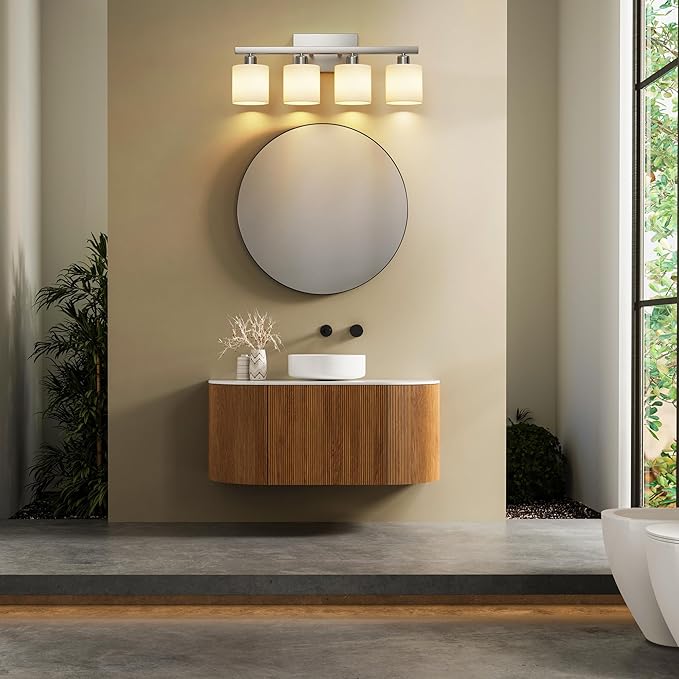 Bathroom Light Fixtures, Bathroom Lighting Fixtures Over Mirror, Classic Vanity Lights, Modern Vanity Light with Textured Frosted Opal White Glass Shades, Brushed Nickel, 4-Light