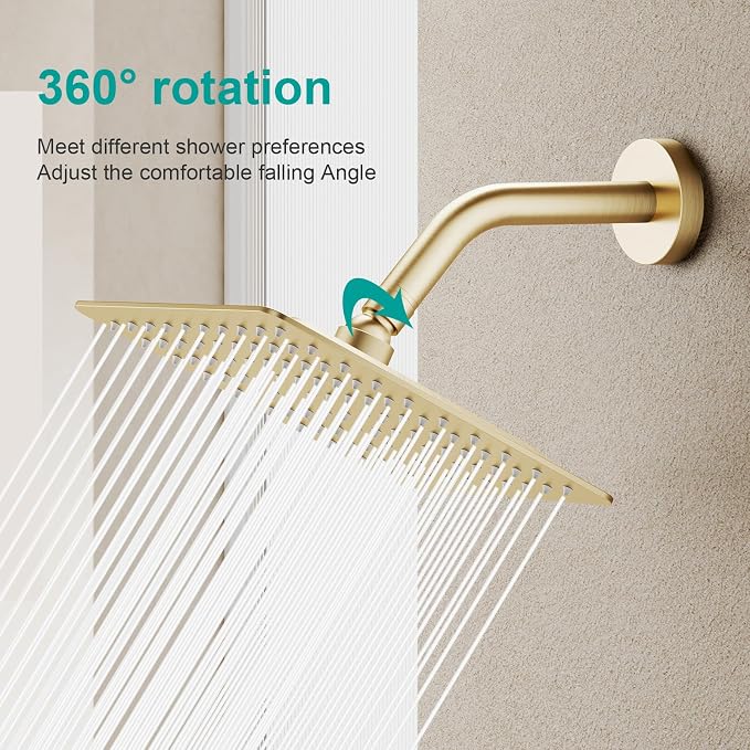 Square Rain Shower Head, High Flow Stainless Steel,Work with any decorative style,All Metal Rainfall Shower Head (Brushed Gold, 8)
