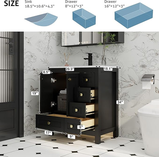 eclife 30" Bathroom Vanities with Sink Combo, Modern Thickened Wood Bathroom Storage Cabinet w/Undermount Sink, Matte Black Faucet Drain, Painted Surface, Black