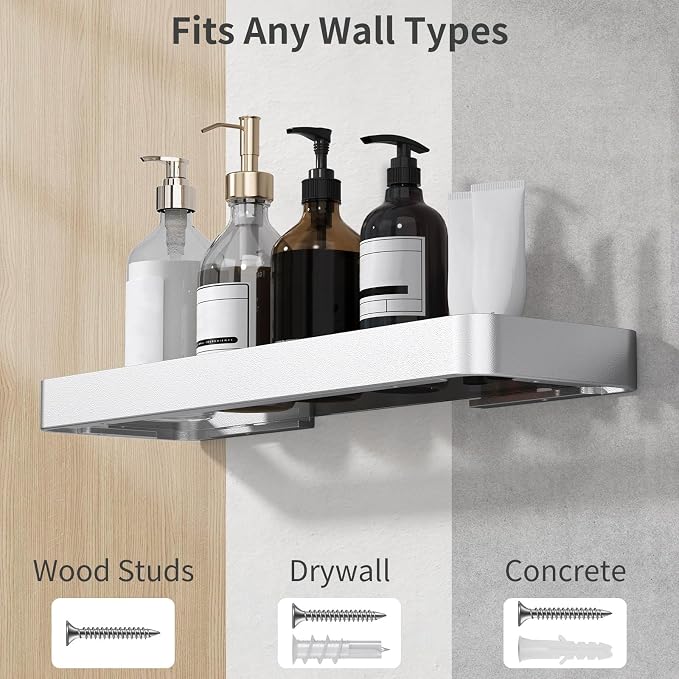 16-Inch Wall Shelf, Clear Tempered Glass with Matte Silver Aluminum Frame – Sleek Floating Bathroom Organizer