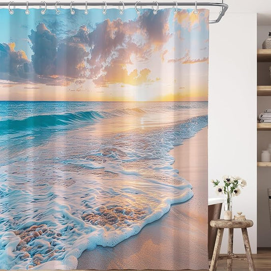 Extra Long Ocean Beach Coastal Seaside Nautical Shower Curtain for Bathroom 72W*84H Inch Summer Sunset Seacoast Beachy Waves Seascape Nature Cool Bathtub Decor Waterproof Polyester Fabric Set